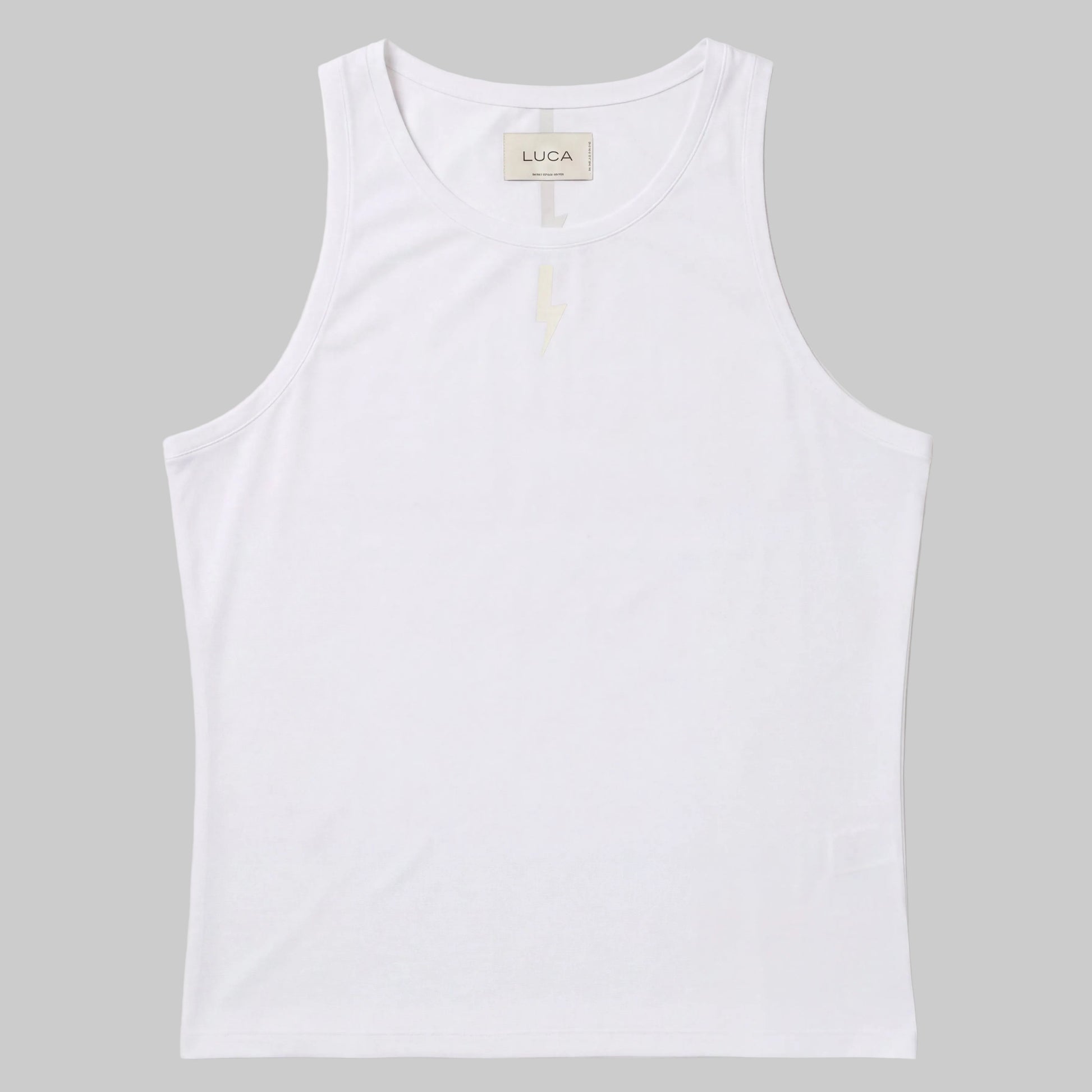 LUCA Meander women's cycling vest in white, front flat lay with bolt logo