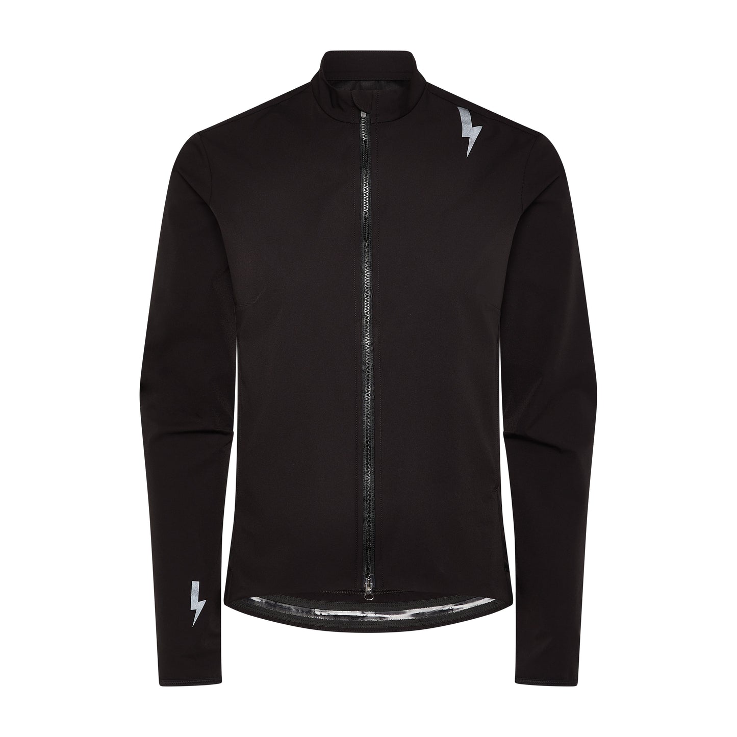 Full-front-view-of-the-Black-Momentum-Performance-jacket-on-a-white-background-showing-the-full-zipper-high-collar-a-reflective-lighting-bolt-sign-on-the-shoulder-and-a-smaller-bolt-sign-on-the-left-cuff