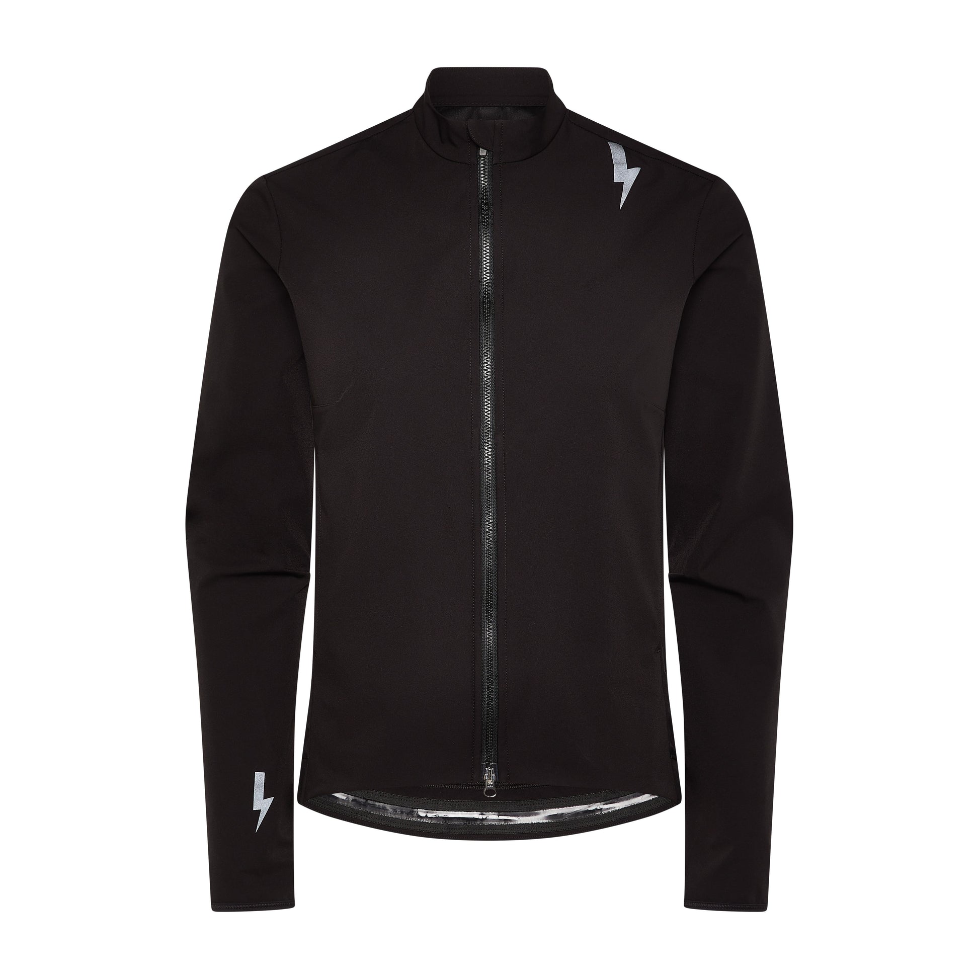 Full-front-view-of-the-Black-Momentum-Performance-jacket-on-a-white-background-showing-the-full-zipper-high-collar-a-reflective-lighting-bolt-sign-on-the-shoulder-and-a-smaller-bolt-sign-on-the-left-cuff