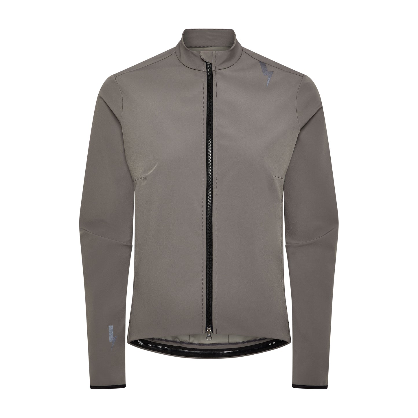 Front-studio-shot-of-the-taupe-grey-Luca-cycling-jacket-against-a-white-background-The-jacket-features-a-full-black-zpper-a-reflective-lighting-bolt-sign-on-the-shoulder-and-a-smaller-reflective-lighting-bolt-on-the-lower-left-cuff-it-has-a-high-collar-and-tailoed-sleeves