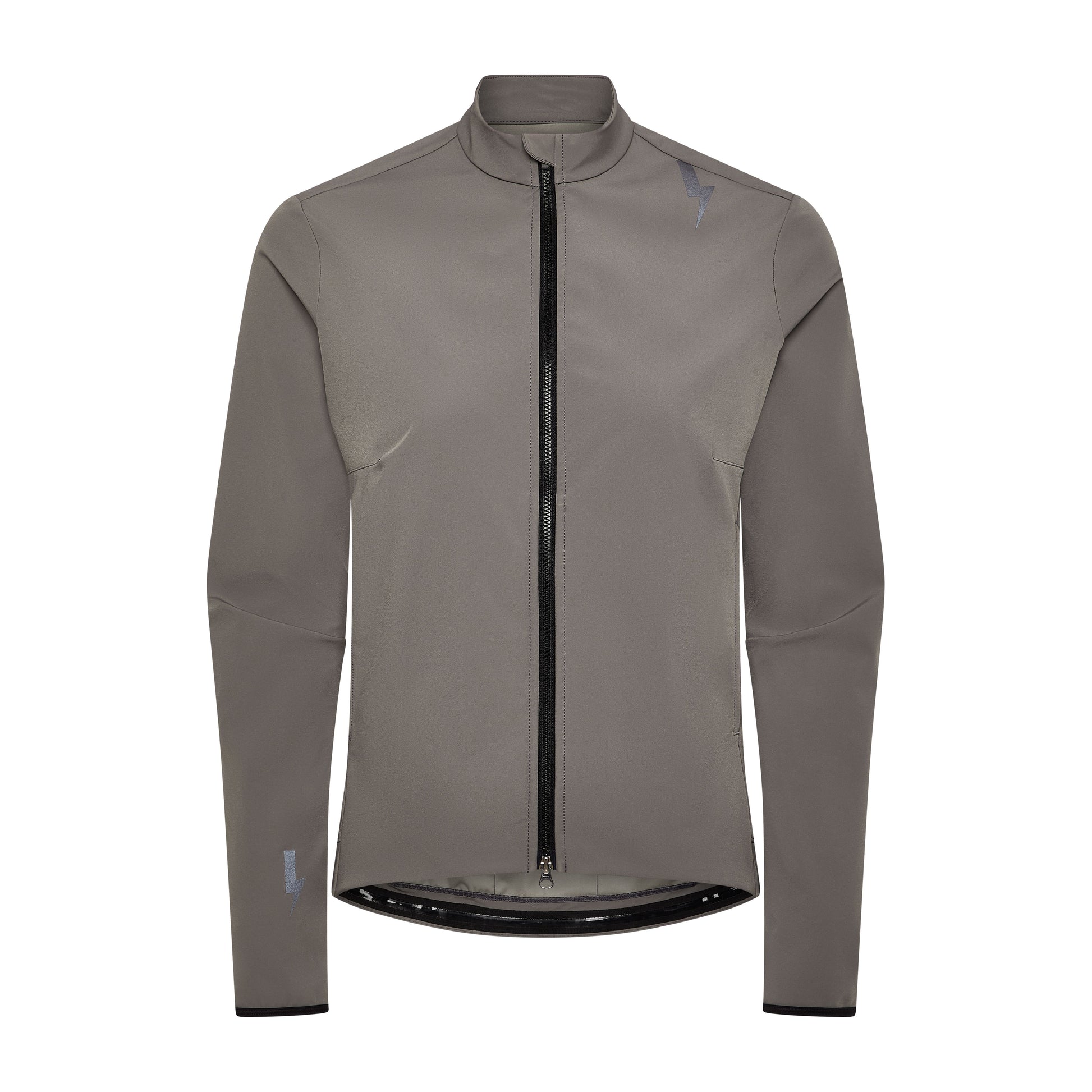 Front-studio-shot-of-the-taupe-grey-Luca-cycling-jacket-against-a-white-background-The-jacket-features-a-full-black-zpper-a-reflective-lighting-bolt-sign-on-the-shoulder-and-a-smaller-reflective-lighting-bolt-on-the-lower-left-cuff-it-has-a-high-collar-and-tailoed-sleeves