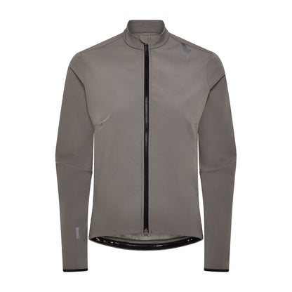 Front-studio-shot-of-the-taupe-grey-Luca-cycling-jacket-against-a-white-background-The-jacket-features-a-full-black-zpper-a-reflective-lighting-bolt-sign-on-the-shoulder-and-a-smaller-reflective-lighting-bolt-on-the-lower-left-cuff-it-has-a-high-collar-and-tailoed-sleeves