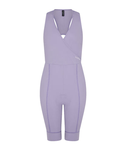 Road All-In-One-Lilac-hover-displayed-from-the-front- showcasing-the-unique-surplice-upper-body-The-shorts-have- contoured-stitching-and-a-LUCA-tag-on-the-upper-strap