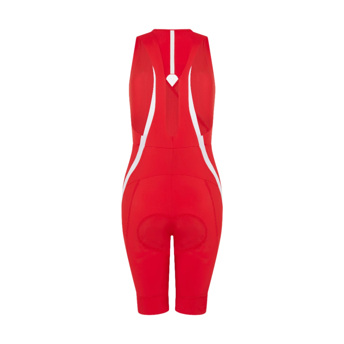 Woman-wearing-a-bright-red-high-waisted-biker-shorts-and-a-matching-front-zip-sports-bra-Red- athletic-outfit-with-white-angled- stripes-on-the-leg-for-training