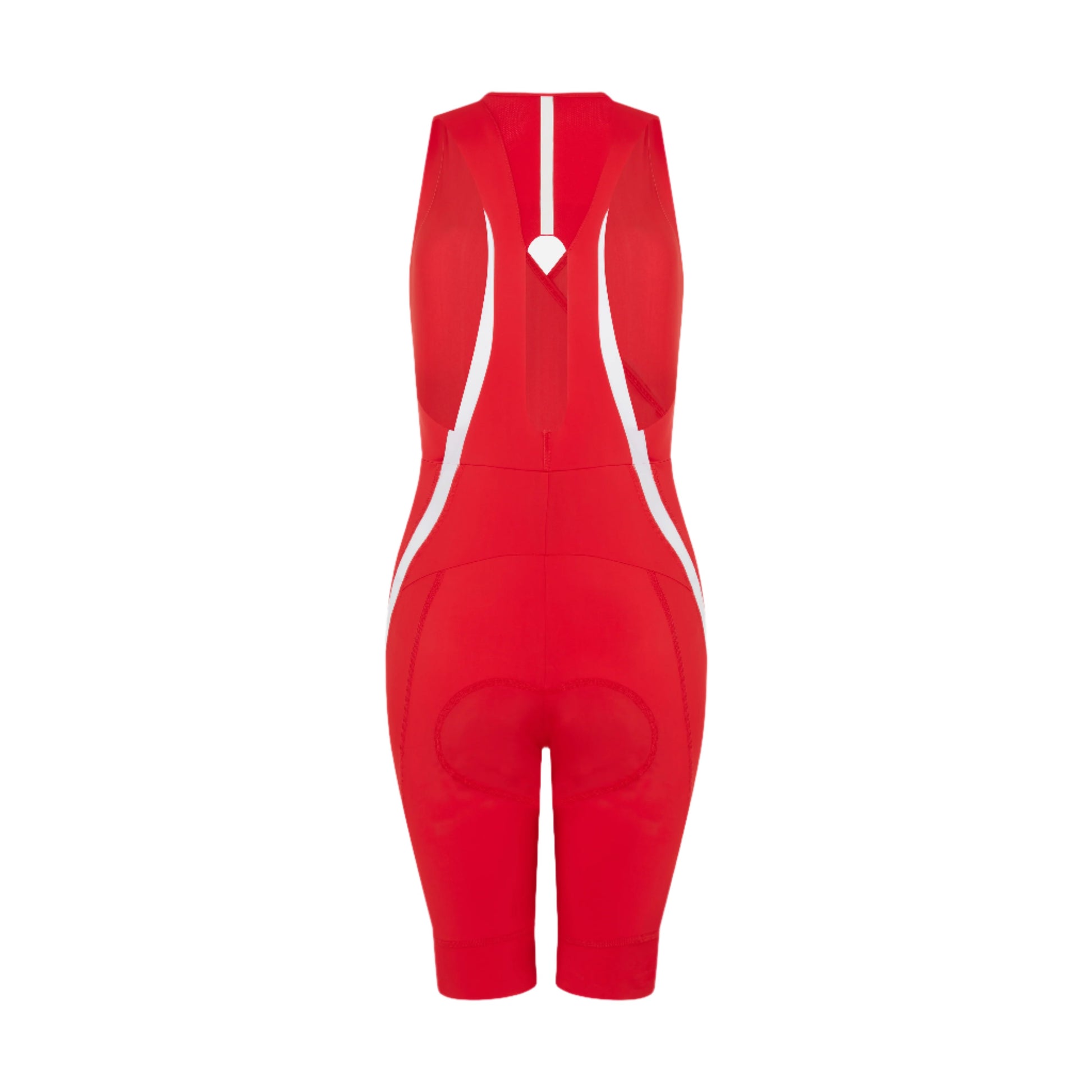 Woman-wearing-a-bright-red-high-waisted-biker-shorts-and-a-matching-front-zip-sports-bra-Red- athletic-outfit-with-white-angled- stripes-on-the-leg-for-training
