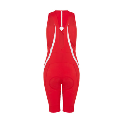 Woman-wearing-a-bright-red-high-waisted-biker-shorts-and-a-matching-front-zip-sports-bra-Red- athletic-outfit-with-white-angled- stripes-on-the-leg-for-training