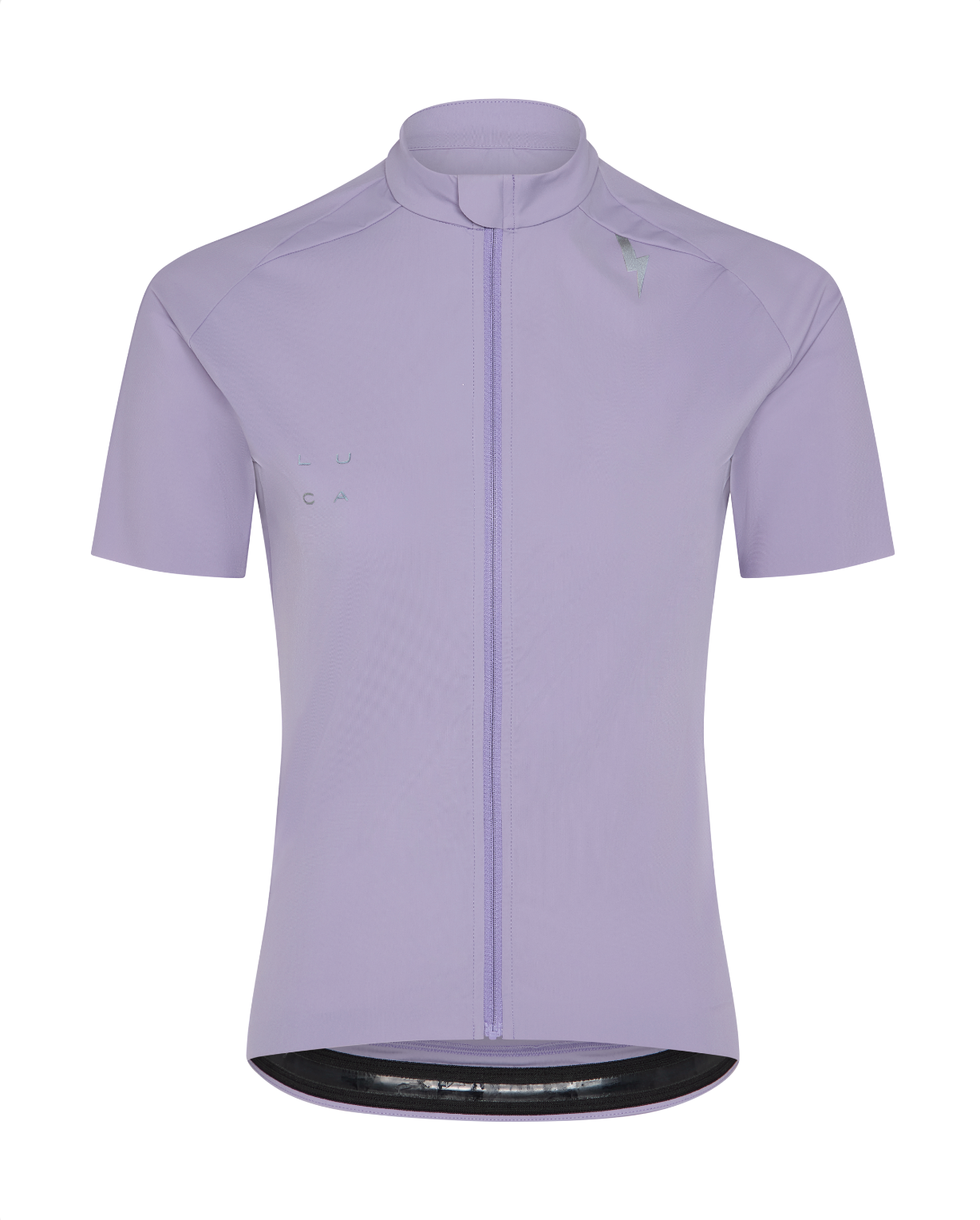 Woman-zipping-up-a-light-lilac-jacket-over-the-black-one-piece-cycling-suit-with-a-deep-v-neck-and-a-front-zipper-The-LUCA-logo-is-near-the-waist
