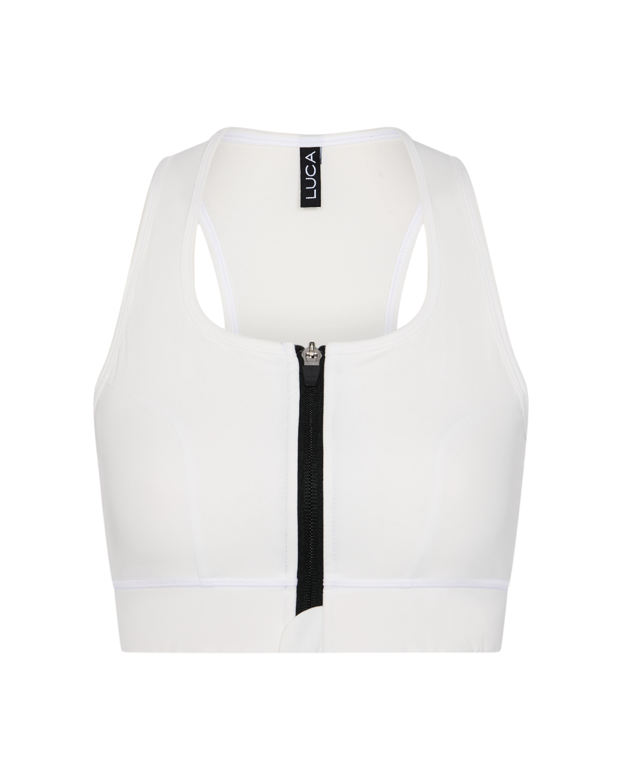 Front-view-of-a-Elevate-Sports-Bra - Off-White-with-a-full-black-front- zipper-and-a-LUCA-logo-tag-on-the-shoulder-strap