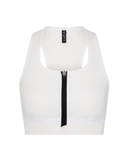 Front-view-of-a-Elevate-Sports-Bra - Off-White-with-a-full-black-front- zipper-and-a-LUCA-logo-tag-on-the-shoulder-strap
