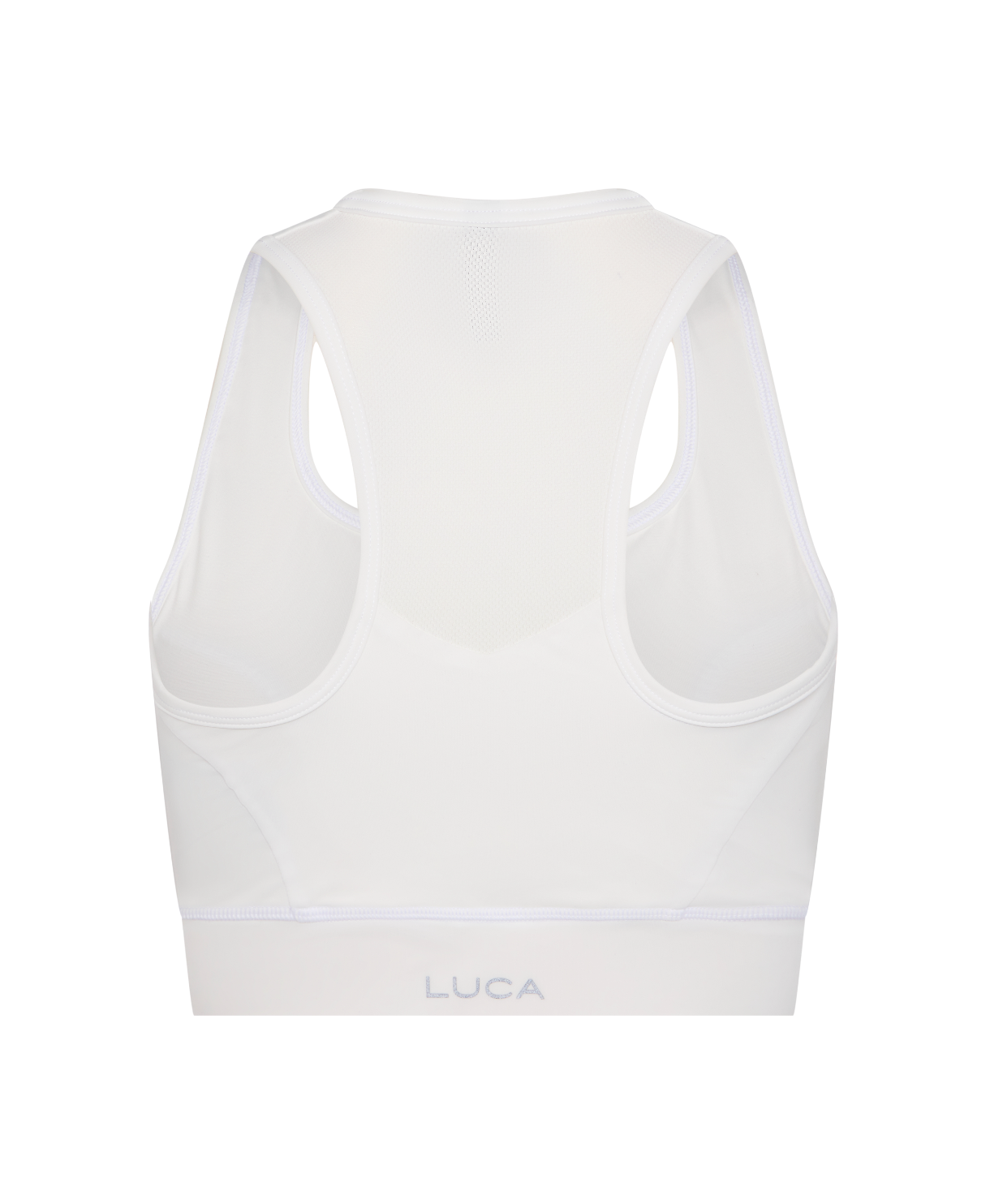 Back-view-of-a-Elevate-Sports-Bra - Off-White-with-mesh-panels-and-the- LUCA-logo-printed-on-the-lower-band