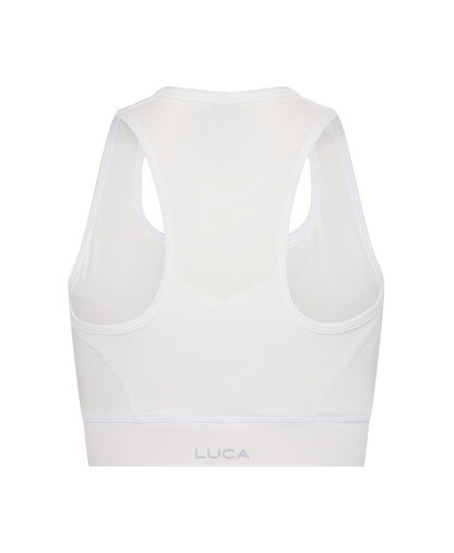 Back-view-of-a-Elevate-Sports-Bra - Off-White-with-mesh-panels-and-the- LUCA-logo-printed-on-the-lower-band