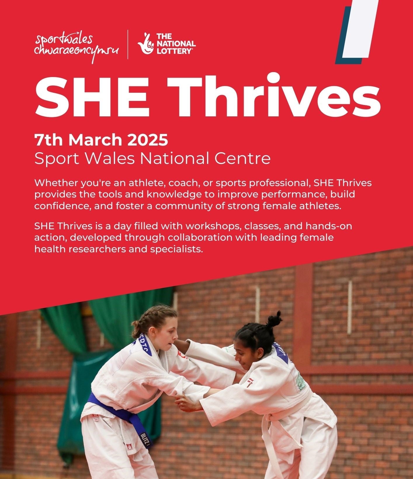 Event-poster-for-SHE-Thrives-at- Sport-Wales-National-Centre-on-7th- March-2025-showing-two-female- athletes-competing-in-judo-martial-art