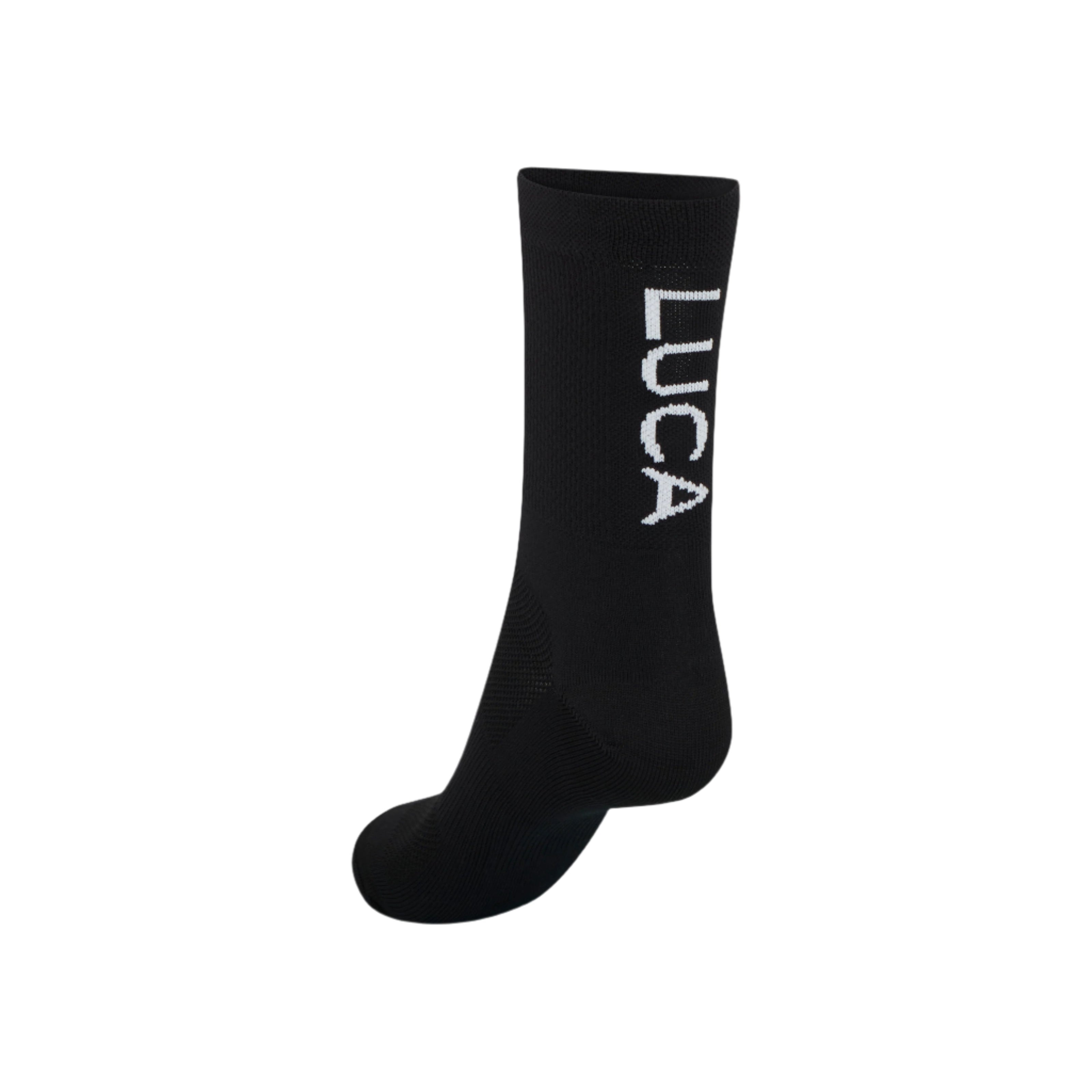 Single-black-athletic-crew-sock-with-the-LUCA-brand-name-printed- vertically-in-white-text-Seamless-mid-calf-sports-sock-for-running- cycling