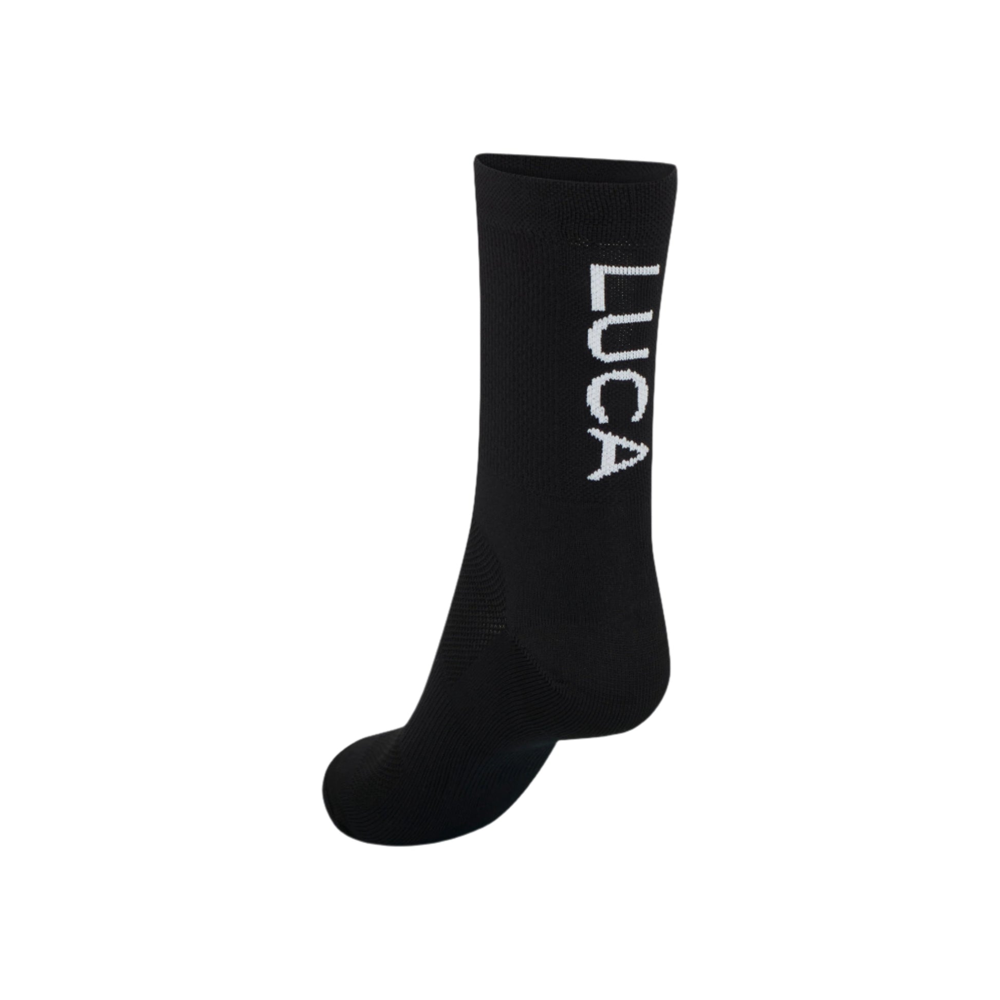 Single-black-Luca-cycling-sock-with-the-white-Luca-logo-printed-vertically-on-the-back-of-the-calf-shown-against-a-white-background