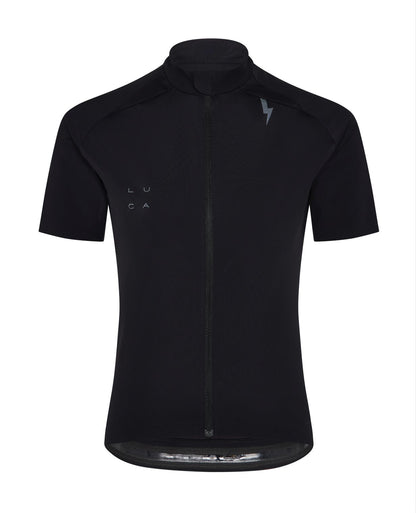 Front-view-of-the-Solstice-Black-LUCA-jersey-It-features-a-high-collar-a-full-black-central-zipper-the-LUCA-logo-on-the-left-chest-and-a-small-lightning-bolt-graphic-near-the-collar