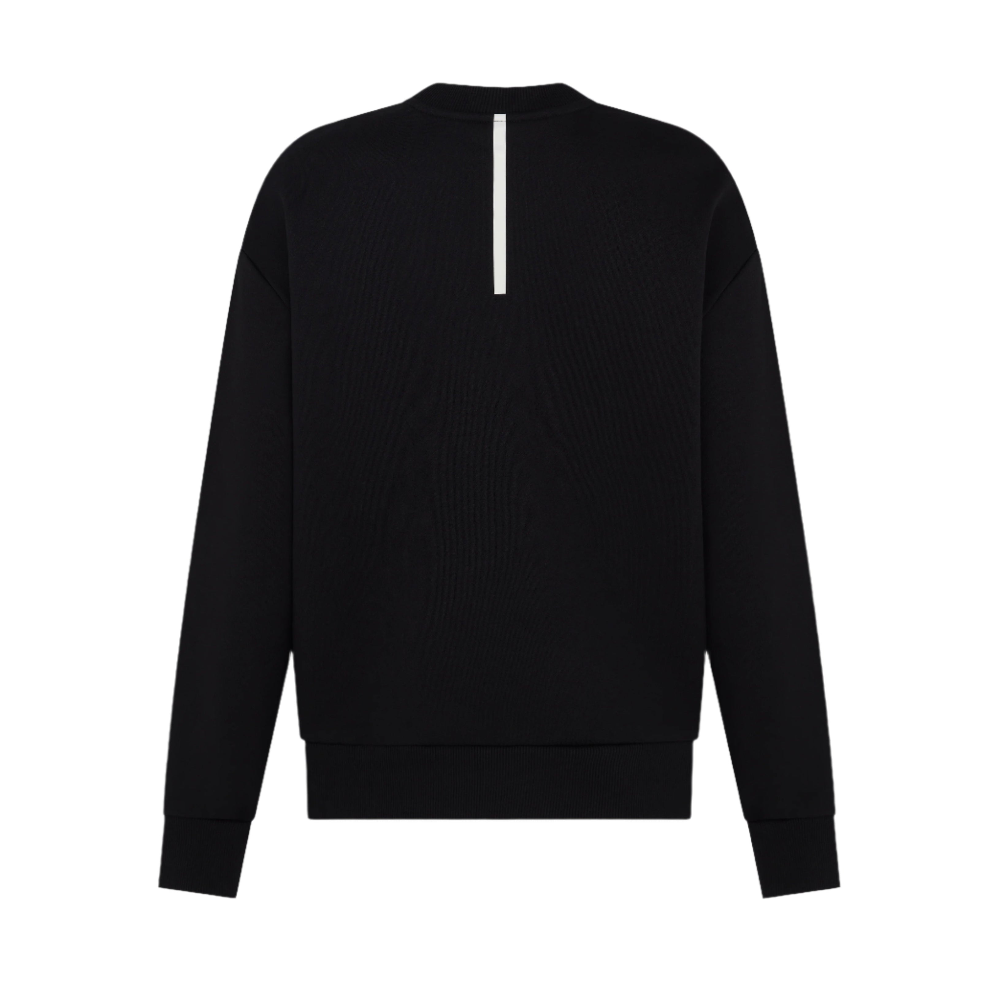 Back-view-of-a-black-crewneck- sweatshirt-with-a-subtle-reflective- vertical-white-stripe-detail-on-the- upper-back-Minimalist-women's- athletic-layering-piece