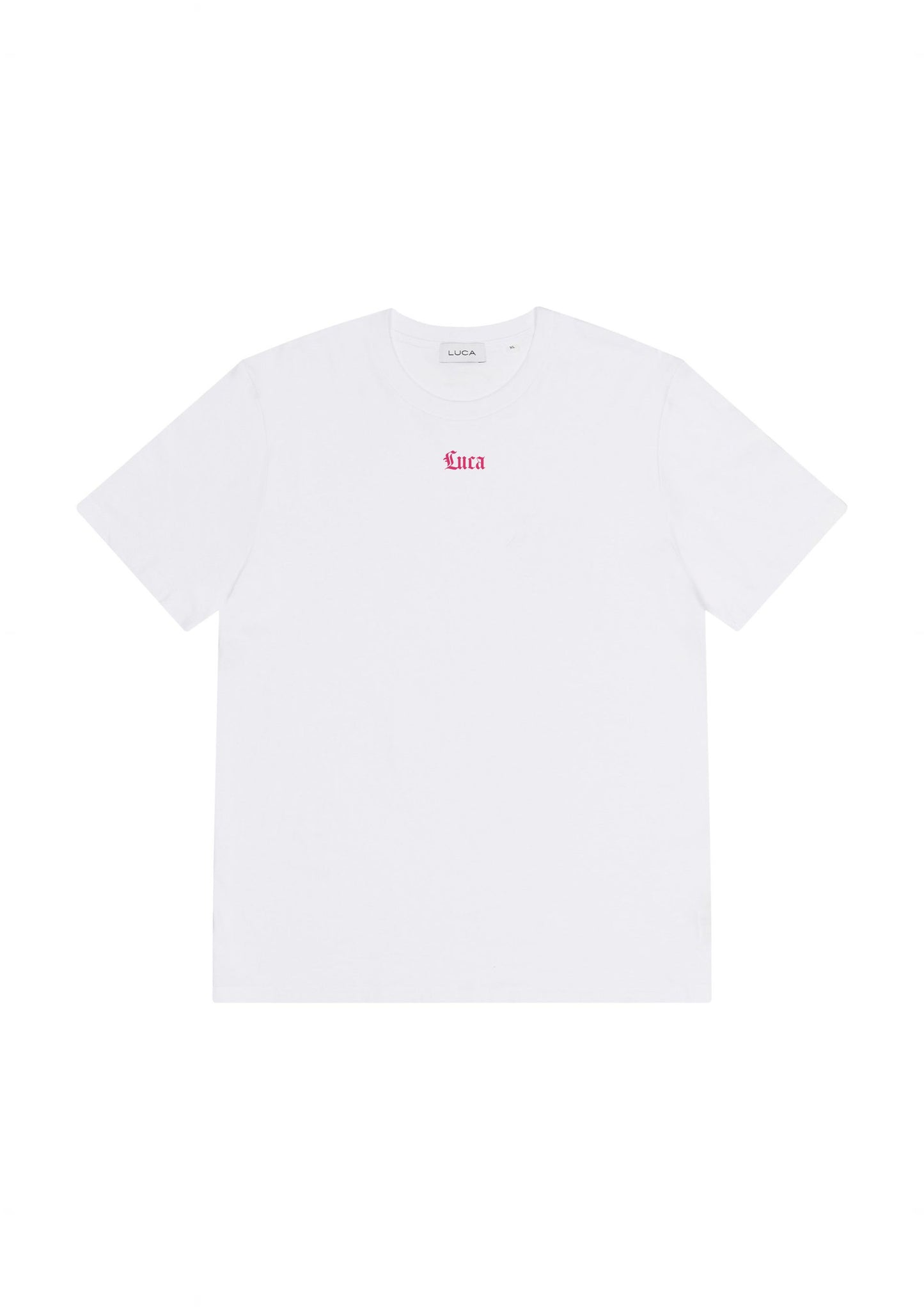Plain-white-t-shirt-with-the-word- "Luca"-in-a-small-vibrant-pink- decorative-script-on-the-front