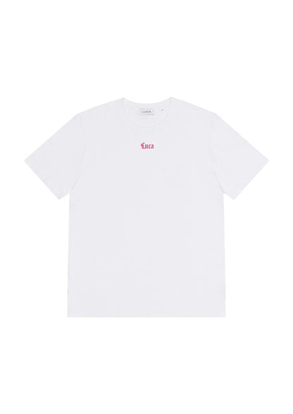 Plain-white-t-shirt-with-the-word- "Luca"-in-a-small-vibrant-pink- decorative-script-on-the-front