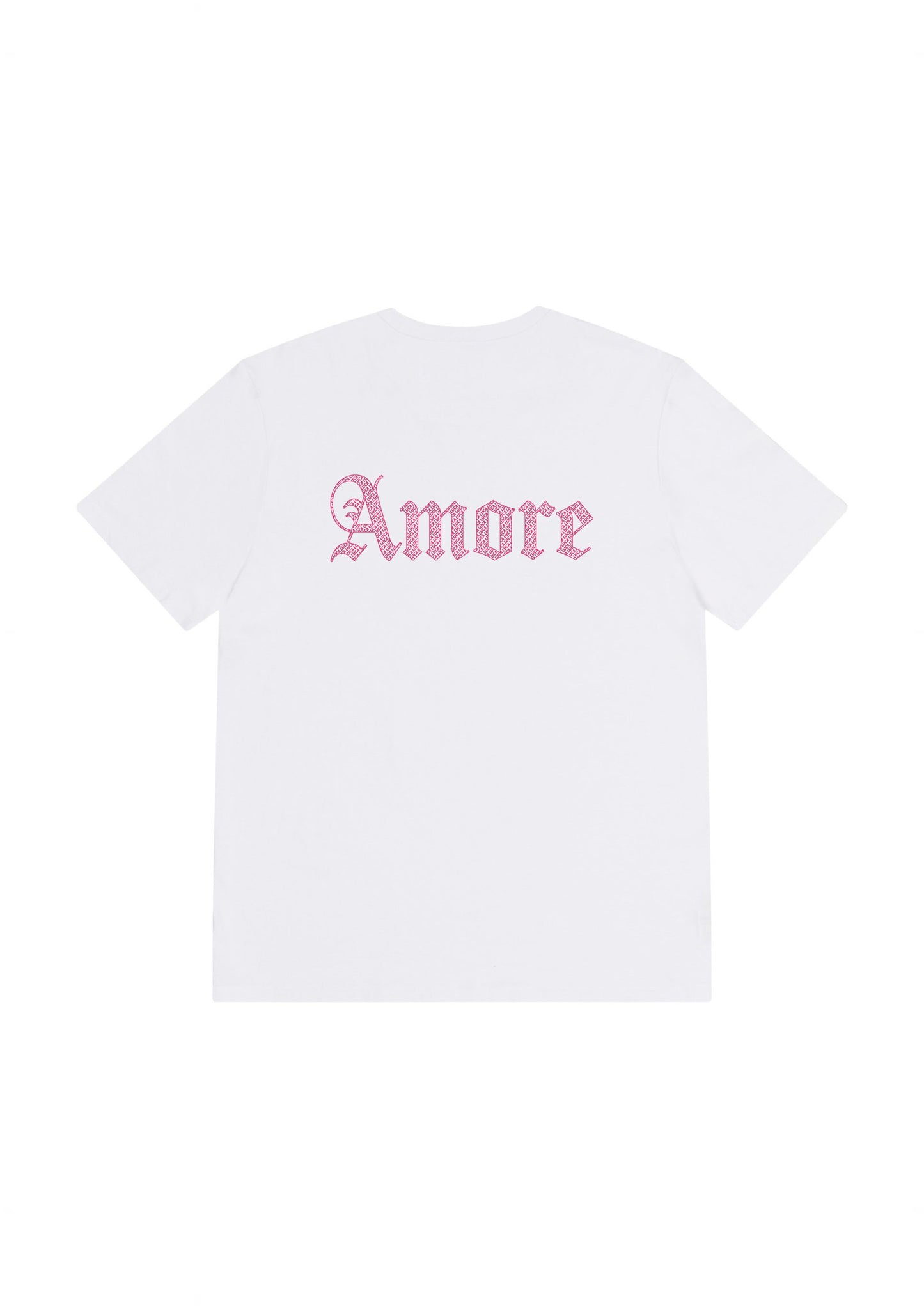 Back-of-a-white-t-shirt-featuring-a- large-graphic-of-the-word-"Amore"- in-a-vibrant-pink-patterned-script- font