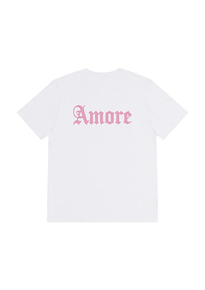 Back-of-a-white-t-shirt-featuring-a- large-graphic-of-the-word-"Amore"- in-a-vibrant-pink-patterned-script- font