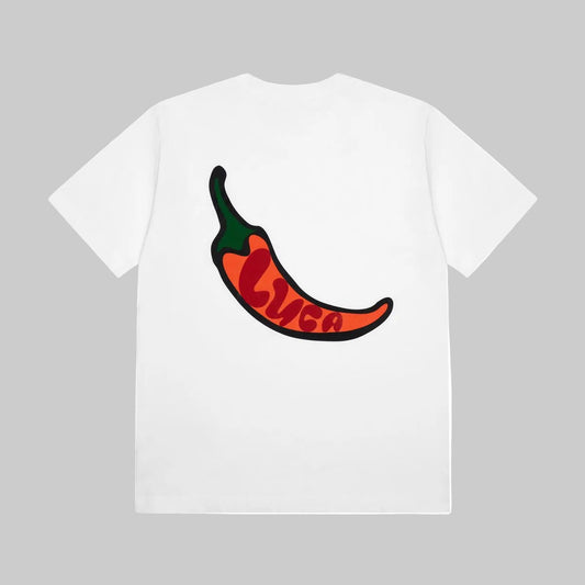 Heavyweight-organic-cotton-LUCA-t-shirt-with-a-large-bold-chili- artwork-print-on-the-back-featuring- a-clean-unisex