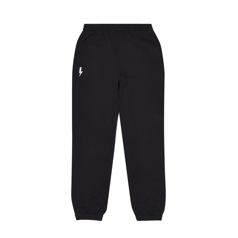 Classic-black-drawstring-joggers-with-a-white-lighting-bolt-sign-detail-near-the-left-pecket-They-have-cuffed-ankles-and-a-comfortable-eastic-waistband-perfect-for-casual-wear