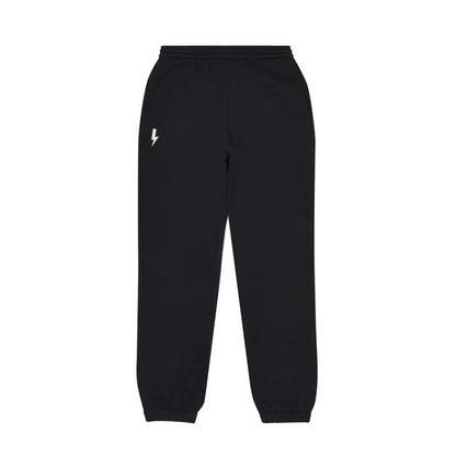 Classic-black-drawstring-joggers-with-a-white-lighting-bolt-sign-detail-near-the-left-pecket-They-have-cuffed-ankles-and-a-comfortable-eastic-waistband-perfect-for-casual-wear