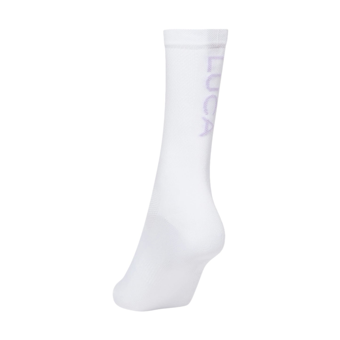 Single-cycling-sock-in-white-light- lavender-shown-on-a-white- background-featuring-the-LUCA-logo-knitted-vertically-up-the-calf-in-a-light-purple-color-The-sock-has-a-mid-calf-height-and-a-mesh- texture