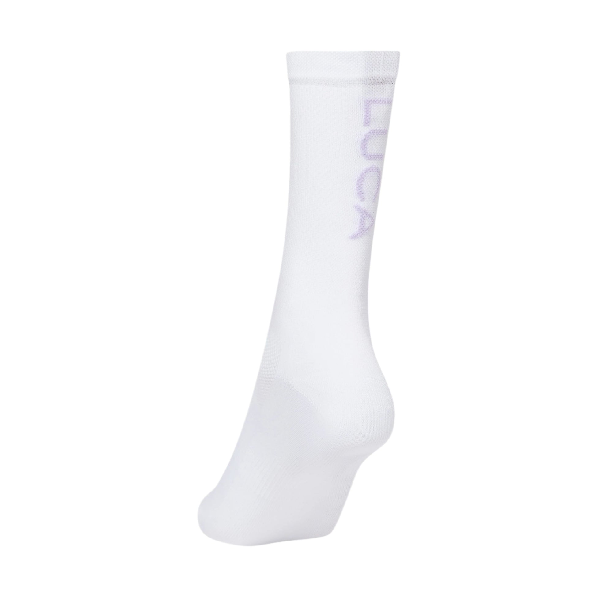 Single-cycling-sock-in-white-light- lavender-shown-on-a-white- background-featuring-the-LUCA-logo-knitted-vertically-up-the-calf-in-a-light-purple-color-The-sock-has-a-mid-calf-height-and-a-mesh- texture