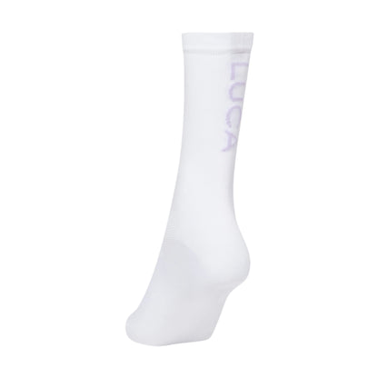 Single-cycling-sock-in-white-light- lavender-shown-on-a-white- background-featuring-the-LUCA-logo-knitted-vertically-up-the-calf-in-a-light-purple-color-The-sock-has-a-mid-calf-height-and-a-mesh- texture
