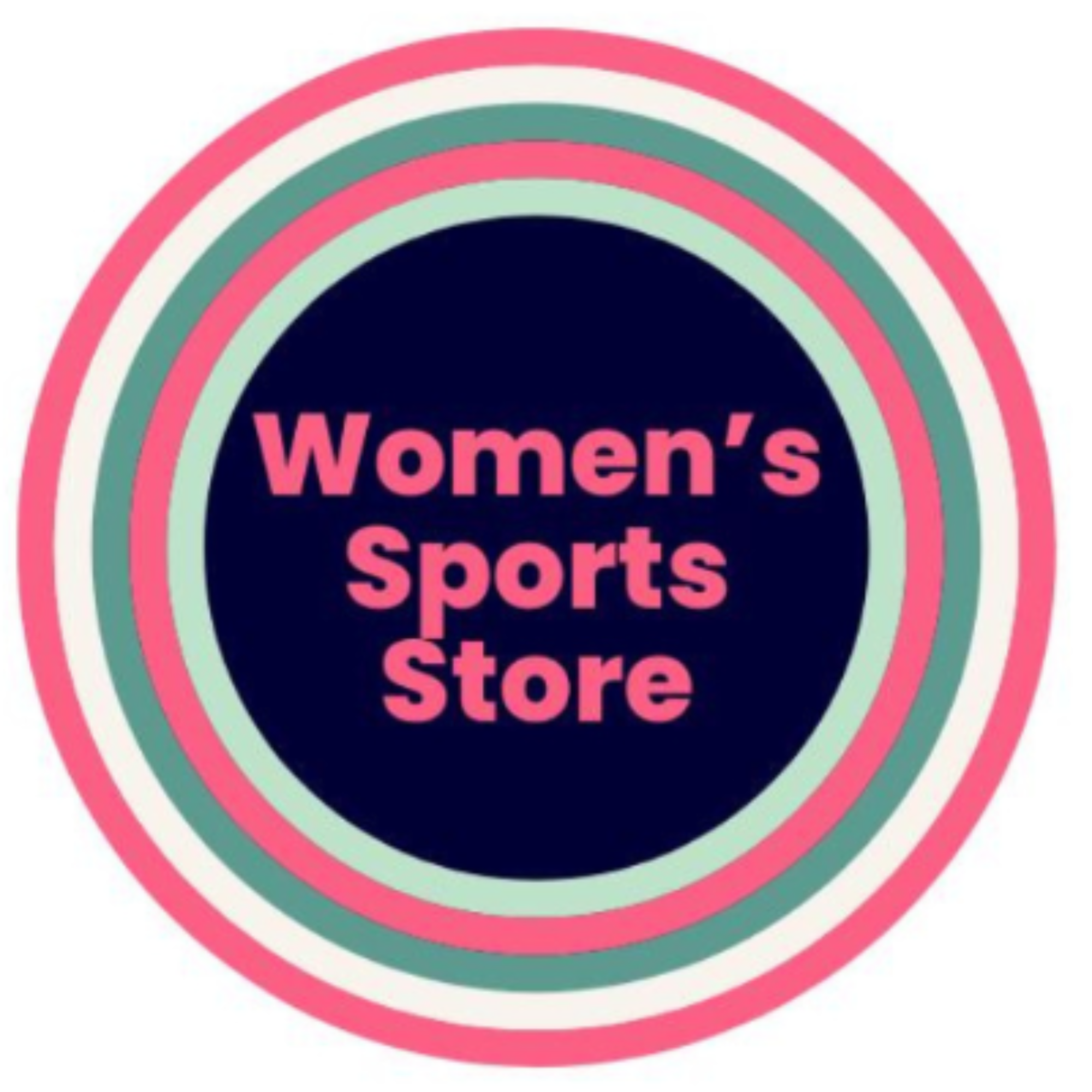 Logo-for-Women's-Sports-Store-with-pink-text-on-a-navy-and- colorful-striped-circle