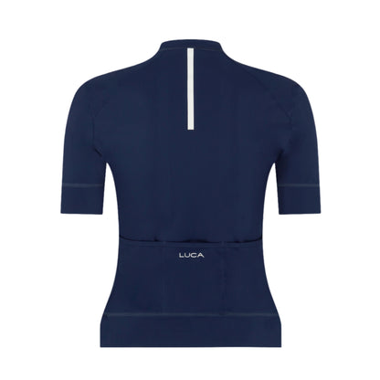 Navy-blue-women's-cycling-jersey- with-a-white-vertical-reflective-stripe-and-LUCA-logo-above-the- back-pockets