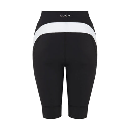 Back-view-of-black-high-waisted- biker-shorts-with-a-bold-white- contrast-band-across-the-rear-and- curved-white-side-panels-LUCA- brand-mid-length-athletic-shorts-for-cycling
