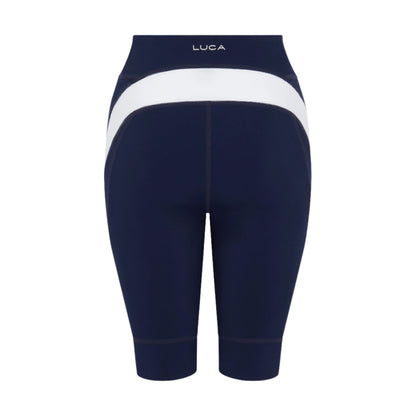 Back-view-of-navy-blue-high-waisted-biker-shorts-with-a-wide- supportive-white-contrast-band- across-the-rear-and-angled-side- panel-LUCA-branded-cycling-athletic-fitness-shorts