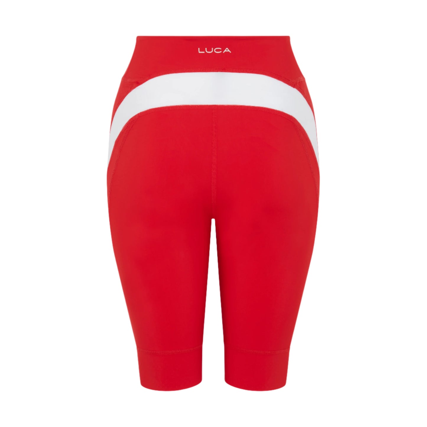 Back-view-of-bright-red-high-waisted-biker-shorts-with-a-wide- white-contrast-band-across-the- waist-and-angled-white-side-panels- LUCA-brand-cycling-shorts