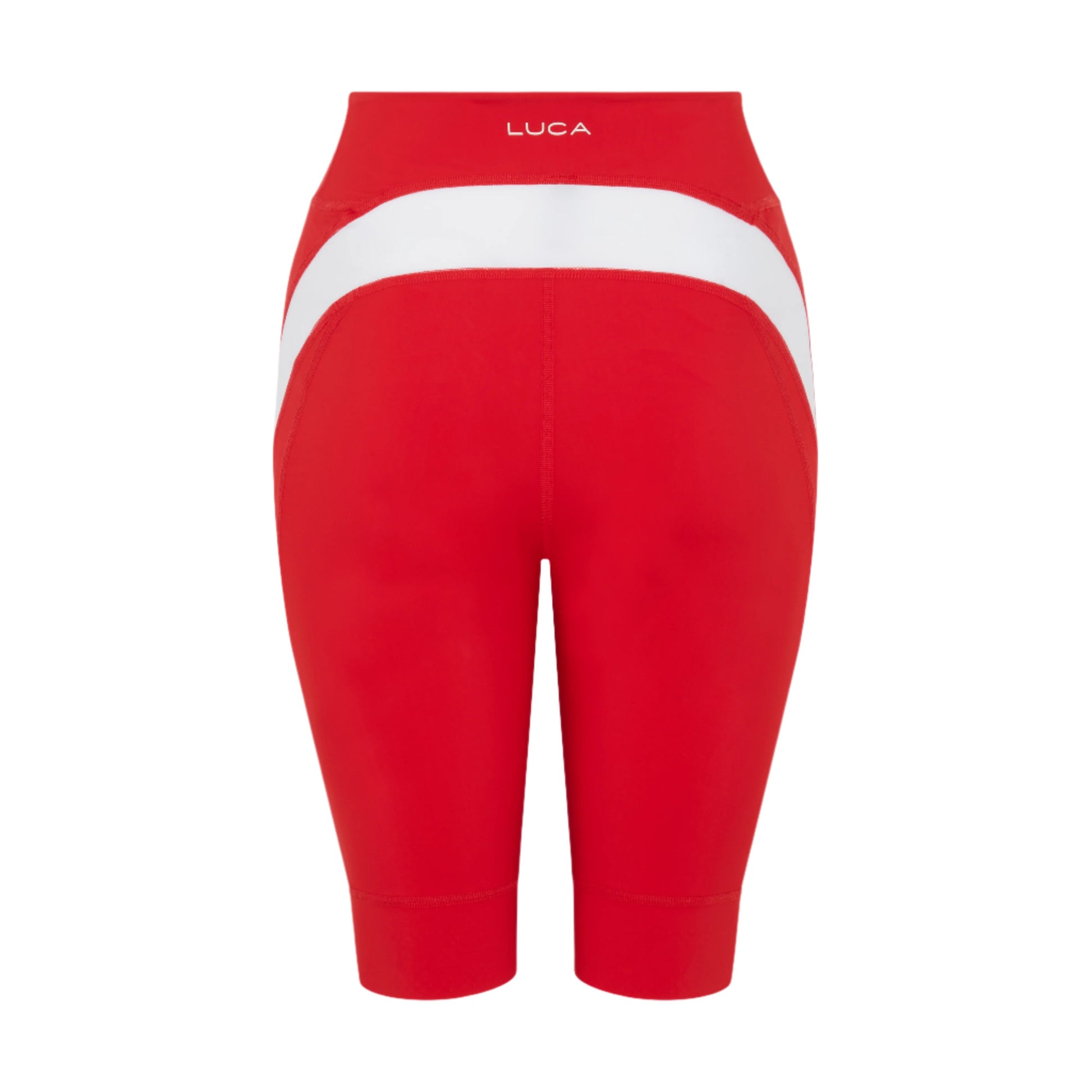Back-view-of-bright-red-high-waisted-biker-shorts-with-a-wide- white-contrast-band-across-the- waist-and-angled-white-side-panels- LUCA-brand-cycling-shorts