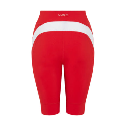 Back-view-of-bright-red-high-waisted-biker-shorts-with-a-wide- white-contrast-band-across-the- waist-and-angled-white-side-panels- LUCA-brand-cycling-shorts
