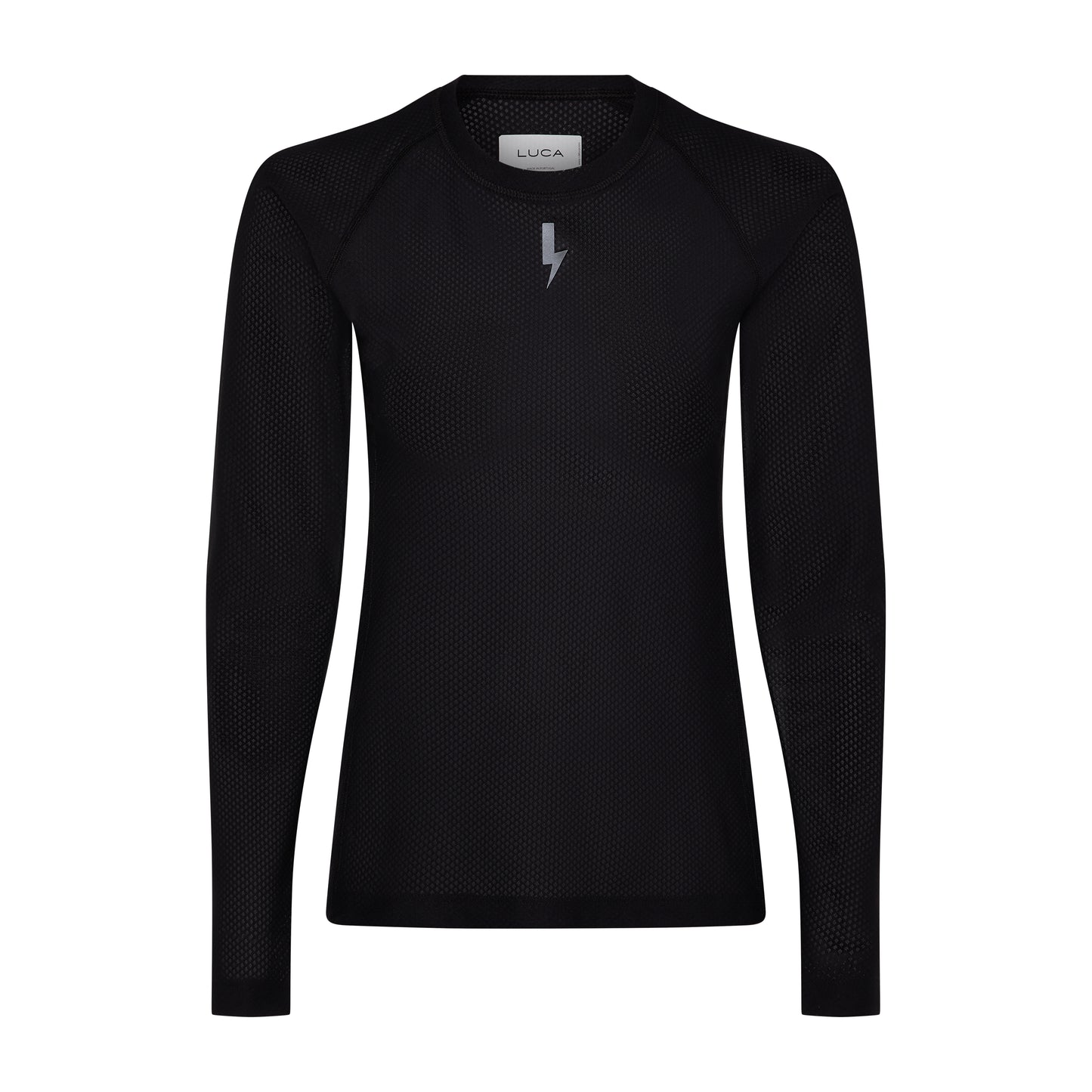 Flat-lay-of-the-black-long-sleeve-base-layer-top-against-white-background-The-shirt-features-a-subte-all-over-textured-pattern-raglan-sleeves-and-a-small-silver-lighting-bolt-sign-cenered-on-the-chest-the-neck