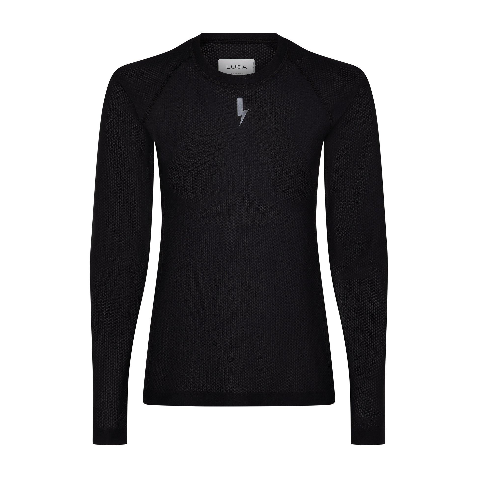Flat-lay-of-the-black-long-sleeve-base-layer-top-against-white-background-The-shirt-features-a-subte-all-over-textured-pattern-raglan-sleeves-and-a-small-silver-lighting-bolt-sign-cenered-on-the-chest-the-neck