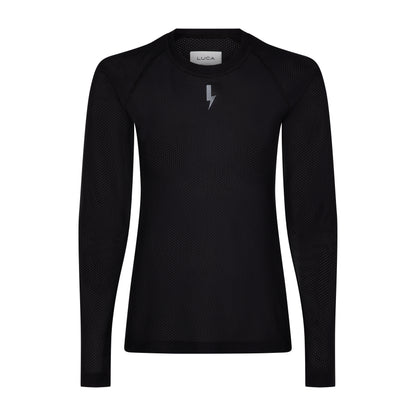 Flat-lay-of-the-black-long-sleeve-base-layer-top-against-white-background-The-shirt-features-a-subte-all-over-textured-pattern-raglan-sleeves-and-a-small-silver-lighting-bolt-sign-cenered-on-the-chest-the-neck