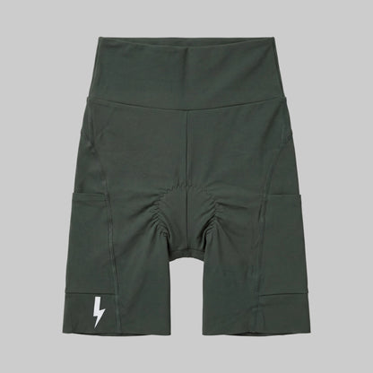 LUCA Empower women's high-waisted cycling shorts in basil, front flat lay