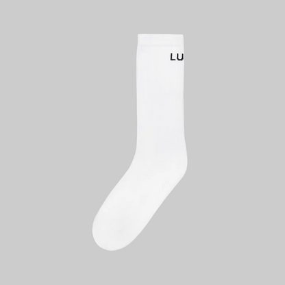 LUCA Everyday Cotton Sock in white, single sock with LUCA cuff logo