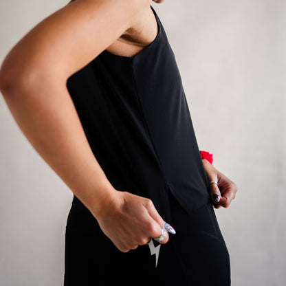 Meander VestCyclist wearing LUCA Meander vest in black, side view showing relaxed fit
