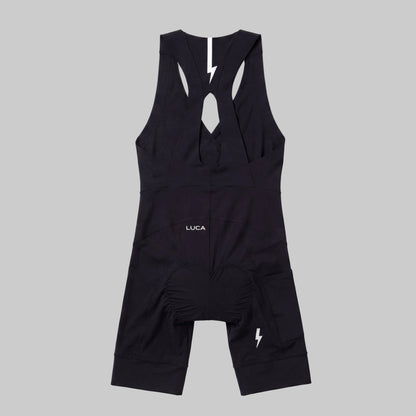 LUCA Road All-In-One Cargo women's cycling bib shorts in black, back racerback view