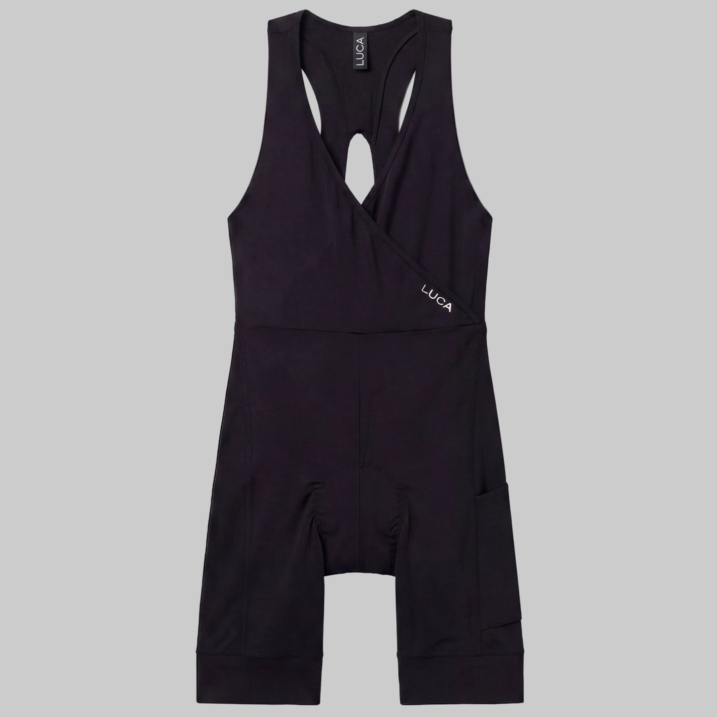 LUCA Road All-In-One Cargo bib shorts in black, front flat lay