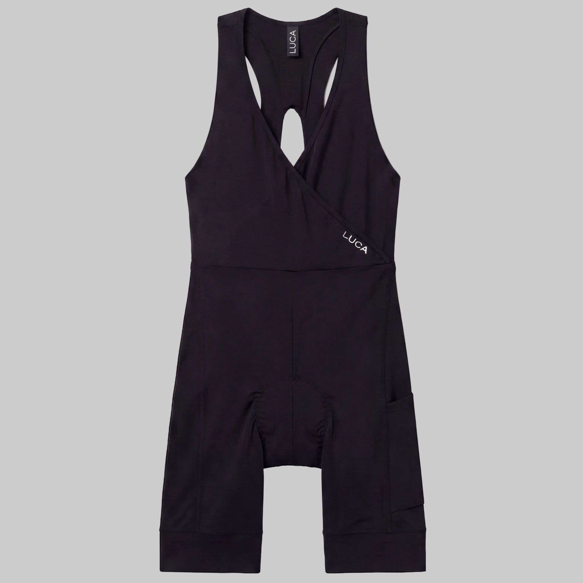 LUCA Road All-In-One Cargo bib shorts in black, front flat lay